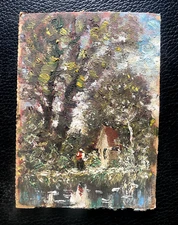 MARTERL OIL PAINTING IMPRESSIONIST MINIATURE ° GIRL ANTIQUE UNSIGNED FOREST
