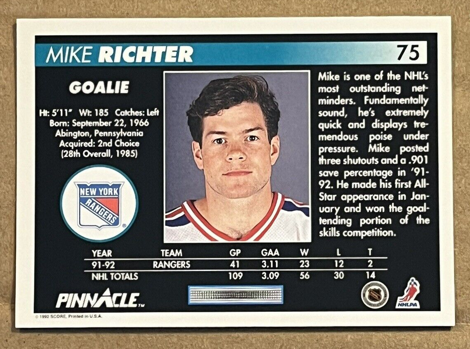 1992-93 PINNACLE - MIKE RICHTER RANGERS #75 | eBay