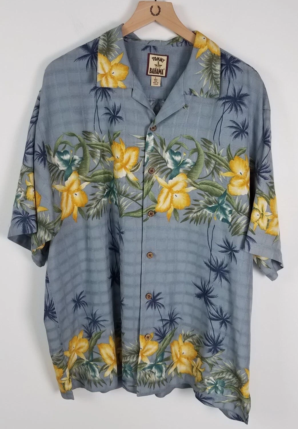 Tommy Bahama Men's Sz. L 100% Silk Button Up Blue & Yellow Tropical Shirt