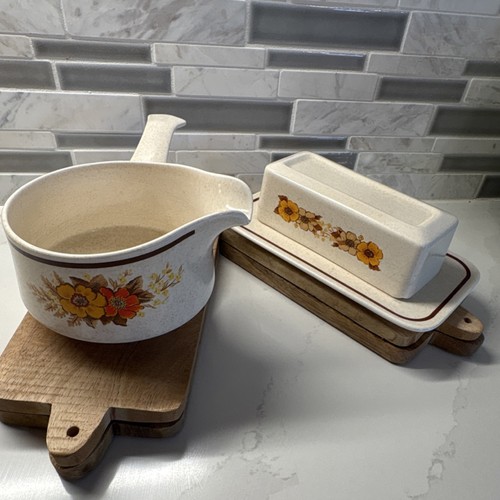 VINTAGE Temper-ware by Lenox Floral fall blossoms.lot of 2. Butter dish/gravy BT