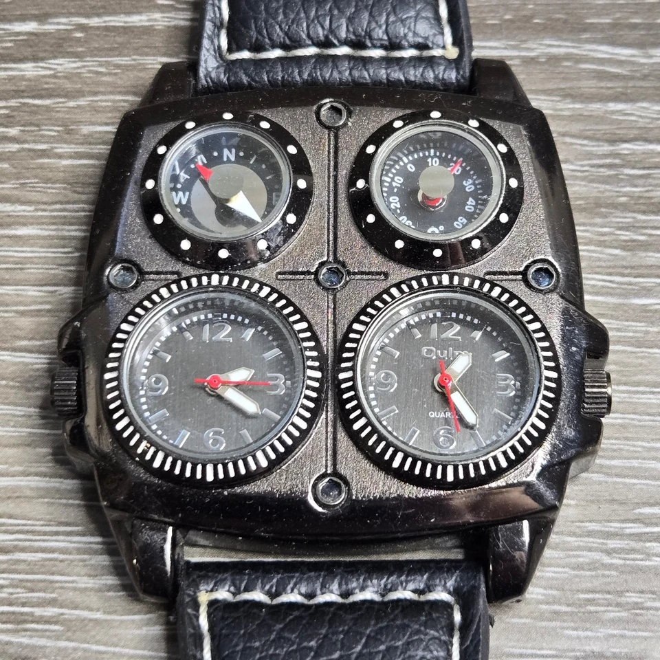 OULM男士双时区军用手表装饰指南针大表盘皮革1140 — 第 4/4 张图片