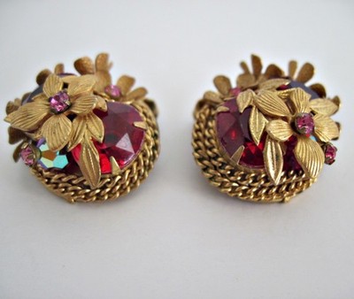 Vintage Miriam Haskell Earrings Gold Tone Flowers Red Pink Rhinestones Unsigned