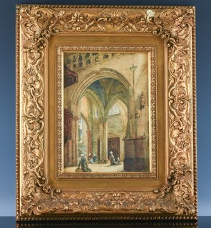 V.FINELY DONE 19thC ANTIQUE FRENCH SCHOOL CATHEDRAL INTERIOR WATERCOLOR PAINTING