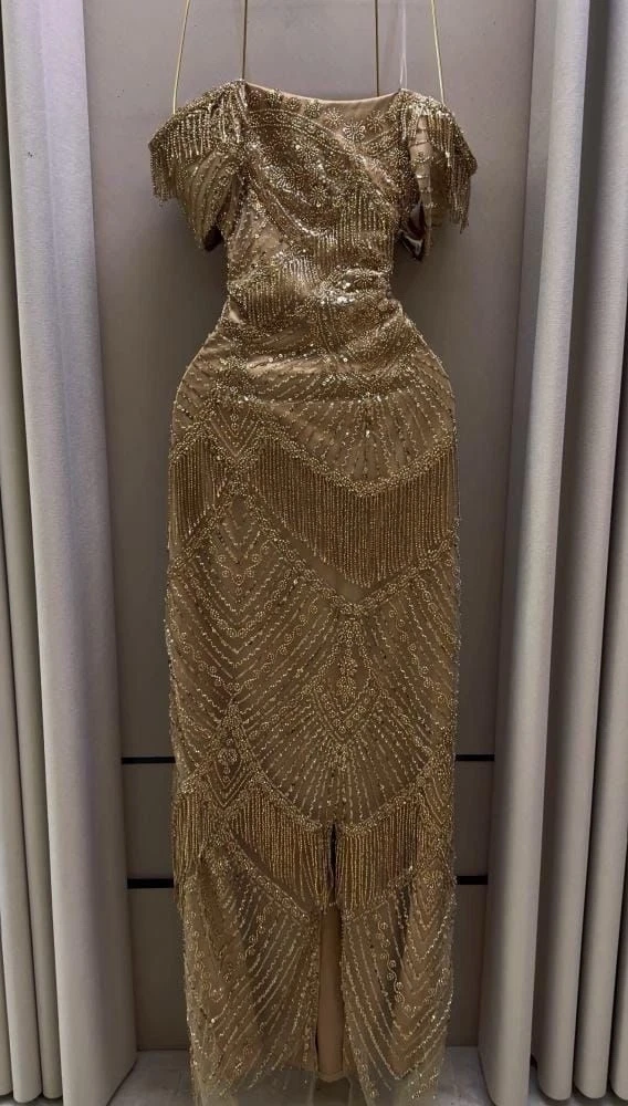 gold beaded maxi dress Zapakasa Women Sparkly Golden Beaded Long Corset Prom Dress with Slit  Strapless Mermaid Beaded Sequin Gala Dress main image 0