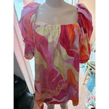 Abstract Floral Puff Sleeve Mini Dress Pink Orange Square Neck Summer Sun Dress