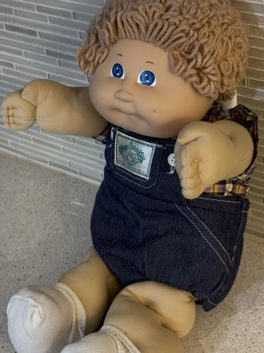 Vintage Cabbage Patch Kids Boy Doll Brown Yarn Hair Denim Overalls 16K