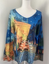 Van Gogh Cafe Terrace at Night Print Long Sleeve Sweater M  Wearable Art Top