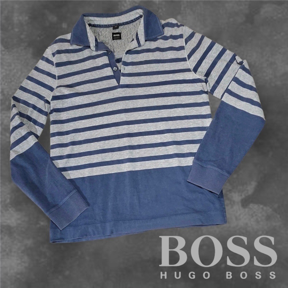 Hugo Boss Men's Regular Fit Striped Long Sleeve Polo Shirt Blue & Grey M