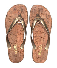 Michael Kors Jet Set Women's Cork Flip Flops Thong Sandals Gold Logo Sz 7M