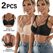 2Pcs Women Push Up Wirefree Bra Front Crisscross U Back Full Coverage