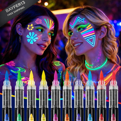10 Colors Glow in the Dark Body Paint Markers, Fluorescent UV Face Multicolor 