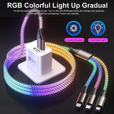 Universal LED Light-up Flashing USB Charging Cable Cord 3 in 1 Multi Function US