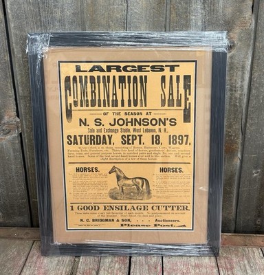Original Antique 1897 Johnsons Stable Horse Auction Lebanon NH Broadside Framed