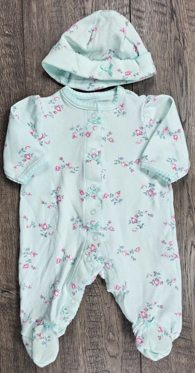 Baby Girl Clothes Nwot Little Me Preemie Blue Rose 2pc Footed Outfit & Hat