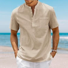 Mens Shirt Short Sleeve Button-Down T-shirt Cotton Linen Summer Casual Beach NEW
