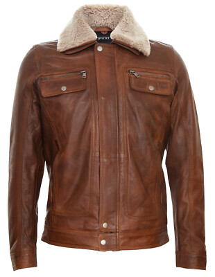 Men's Tan Leather Jacket Trucker Removable Sheepskin Collar Casual Jeans Coat