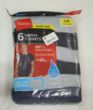 HANES TAGLESS T-SHIRTS CREW NECK BLACK BLUE GRAY Sz. S and L NEW IN BAG 6 COUNT