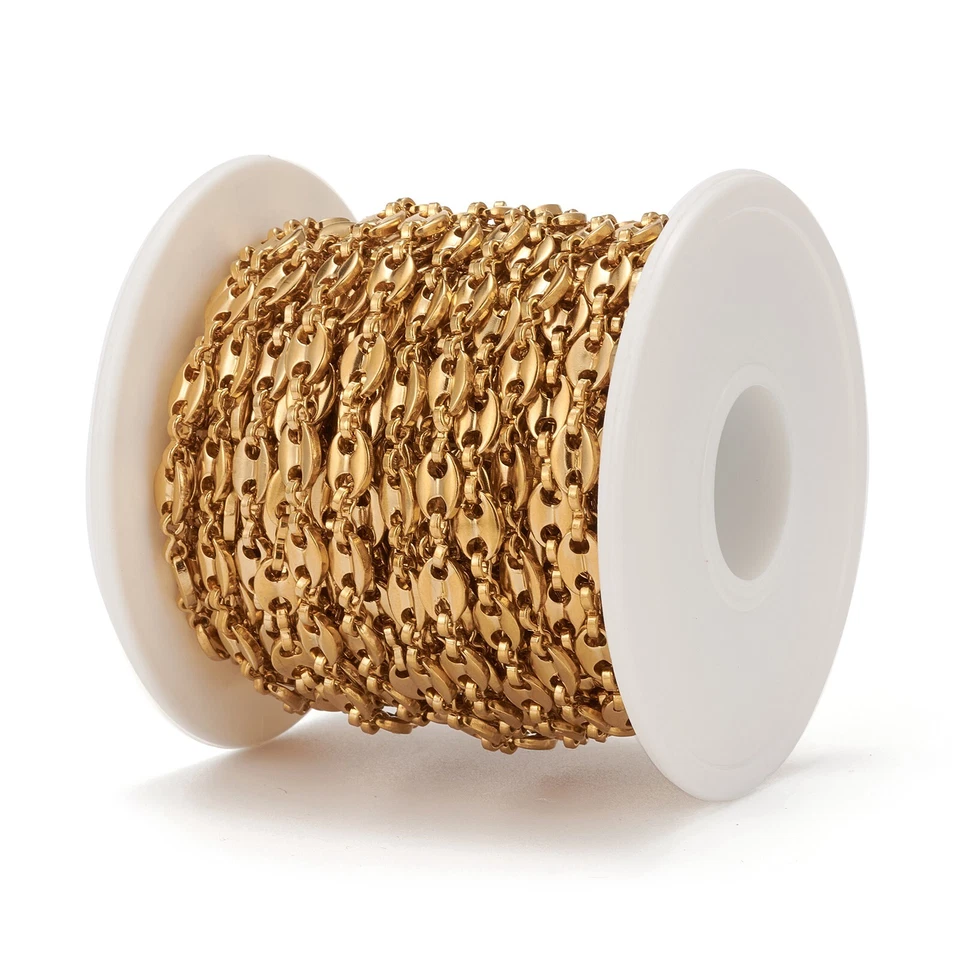 10M/Roll Golden 304 Stainless Steel Coffee Bean Chains with Spool 7.3x5.2x1.4mm - Image 4 of 4