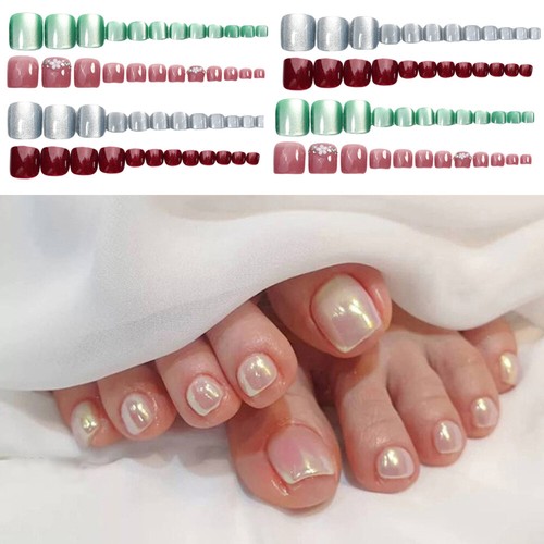 New Mirror Shiny False Toe Tips Metallic Silver 24 Full Cover Press On Toe Nails - Picture 4 of 27