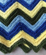 Handmade Yellow Green Blue Chevron Zig Zag Crochet Blanket 42" x 56"
