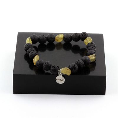 Armband gelber Apatit aus Madagaskar + Lavaperlen 8 mm. Made in France.