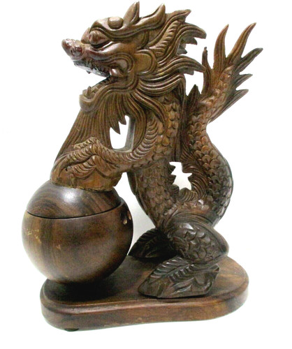 Carved Wood Dragon Incense Burner Ashtray Asian Oriental 9" Vintage