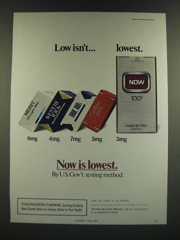 how much was a pack of cigarettes in 1986 1986 Now Cigarettes Ad