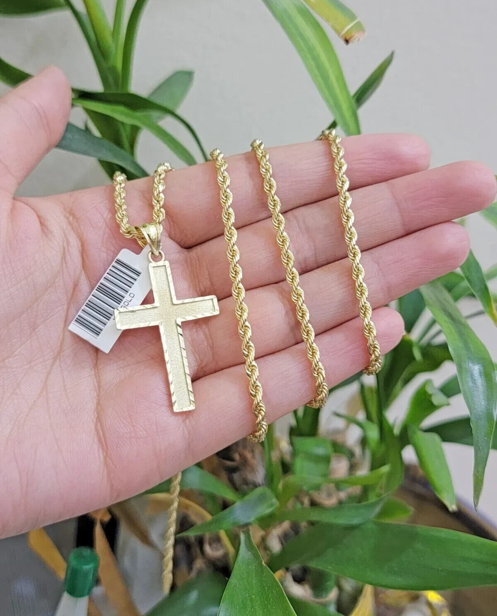 10k Gold Rope Chain Cross pendant Set 3mm 20 Inch Necklace Charm REAL 10kt