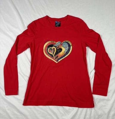 Laurel Burch Shirt Womens Small Red Heart Of My Heart Long Sleeve Cotton Graphic