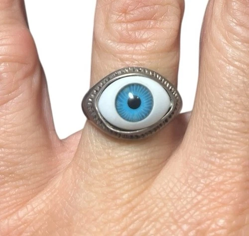 Vintage 1990s Sterling 925 Eyeball Ring Sz 7 Evil Eye Protection Silver Blue