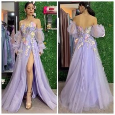 Tulle Flowers Prom Dress Sweetheart Lavender Purple Party Gown Puff Long Sleeves