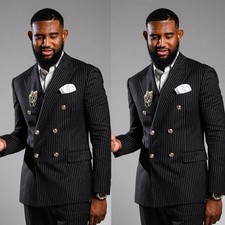 Black Striped Men's Suit Peak Lapel Double Breasted Wedding Tuxedo Prom 2Pieces