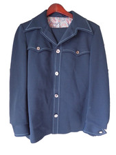 The Knack Leisure Men  s 42 Suit Jacket Vtg 60s 70s Disco Navy w/ Blue Stitches