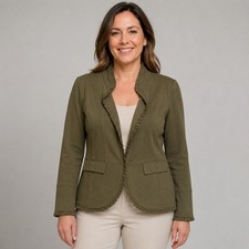 Chico's Size 1 Olive Green Ruffle Trim Knit Blazer Jacket