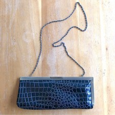 Vintage Faux Alligator Clutch Chain Brown Patent Leather Gold Asymmetrical Mod