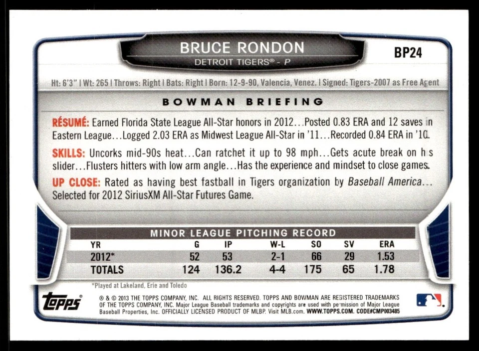 2013 Bowman Bruce Rondon #BP24 - Image 2 of 2