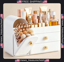 Makeup Organizer Countertop with Drawers and Brush Holder, White