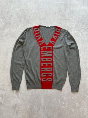 Bikkembergs Men's Gray V-Neck Sweater Red Logo Print Cotton Knitwear Size L
