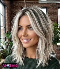 Human Hair New Fashion Layered Long Natural Golden Brown Wavy Women's Wigs 14in