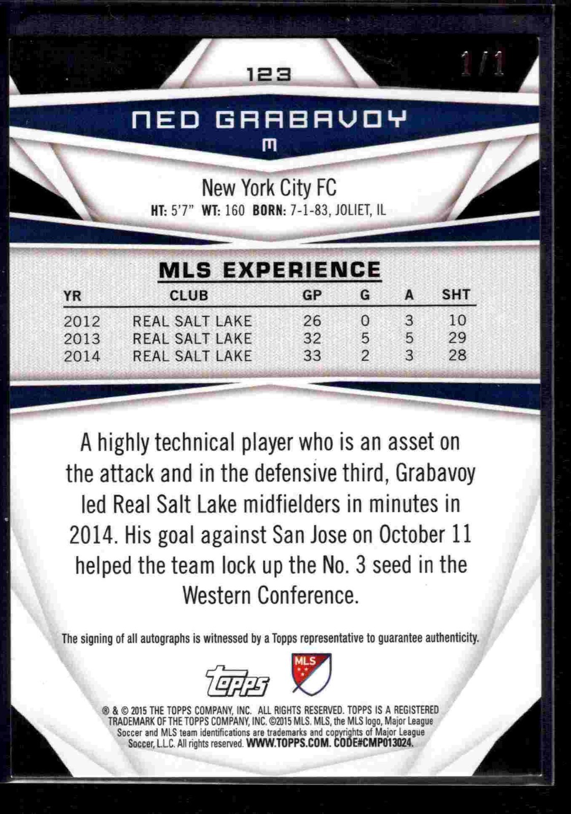 2015 Topps MLS Red Auto 1/1! Ned Garbavoy New York City FC ONE OF ONE view 2
