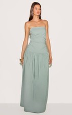 Pretty Little Thing Sage Stretch Woven Bandeau Ruched Maxi Dress Size 12 NWT