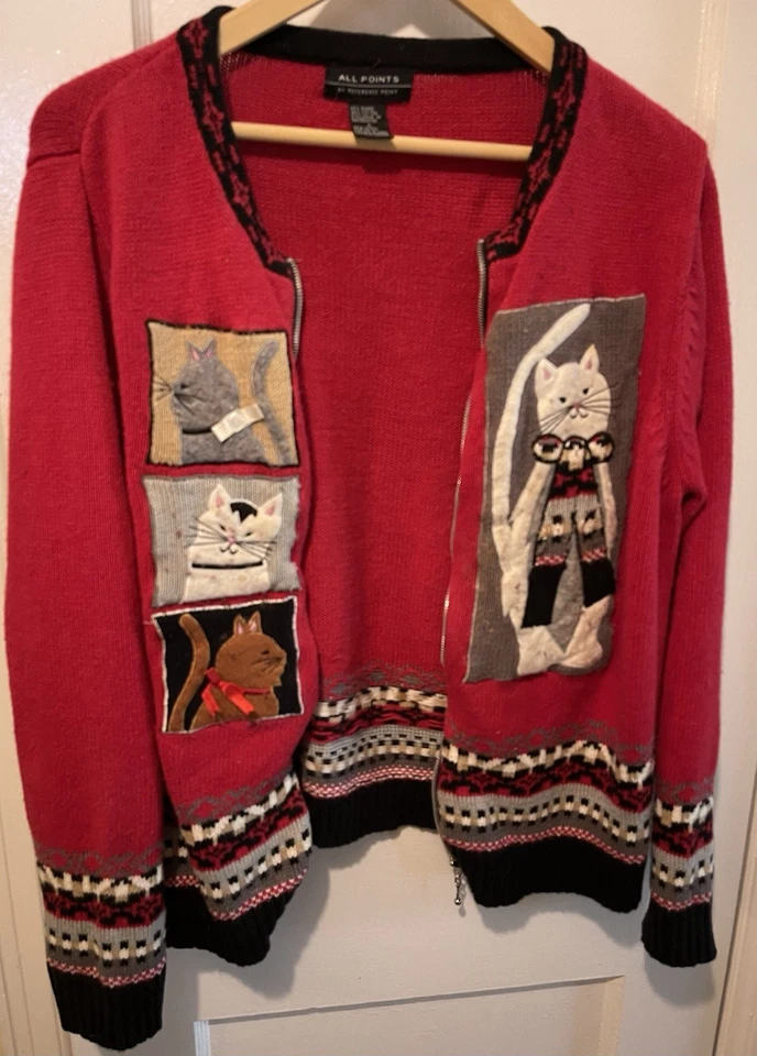 Suéter All Points Vintage Gato Rojo Invierno Fair Isle Look Cremallera Grande Algodón Ramie Foto 4 de 4