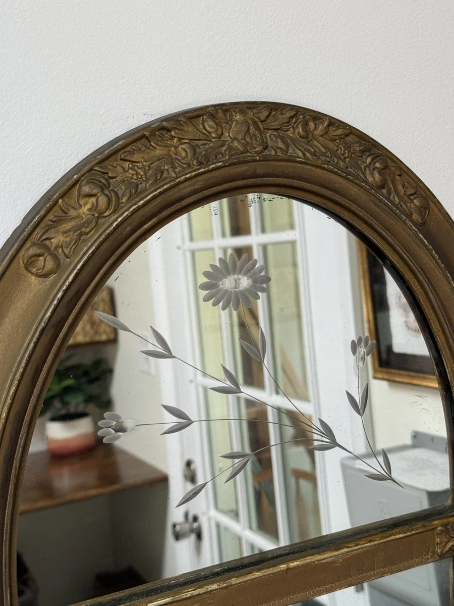 Antique 1920s Art Deco Arched Wall Mirror, Etched Floral Glass, Gold Gesso Frame