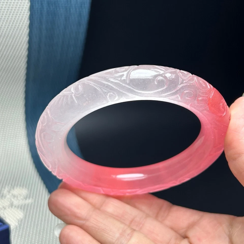 Vintage Natural Grade AAA Ice Pink Jade jadeite carved Ruyi bracelet bangle 62mm - Image 2 of 4