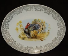 VINTAGE Turkey Platter 22k Gold Gilding 14" Made in USA 1950's MAGNIFICENT!