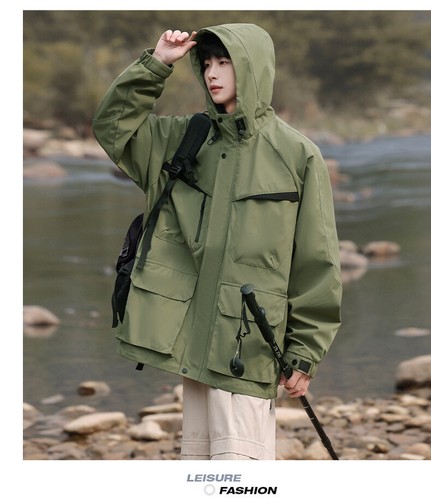 Spring Hooded Jacket Men Outdoor Wind Workwear Multi Pocket Jacket Casual Jacket - Picture 19 of 29