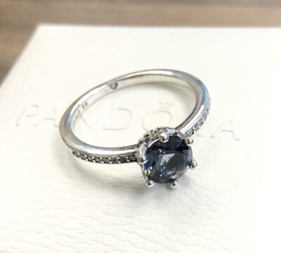 Pandora Blue Sparkling Crown Solitaire Ring #198289NSWB +HINGED BOX+POLISH CLOTH