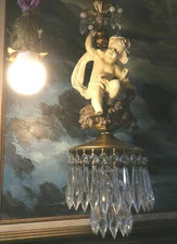 Spelter Brass Cherub lamp crystal Opaline Beaded Shabby peely Paris French SWAG