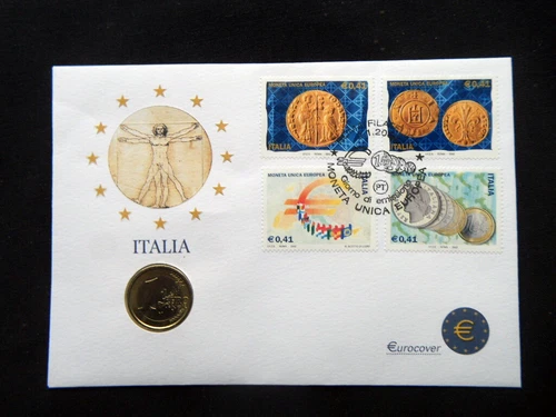 2002 Italy FIRST EURO in stamps FDC and first 1 euro COIN UNC  Historic event