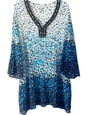 Avenue Top Womens 30/32 Multicolor Dot Lightweight Pleated Flowy Tunic Beaded